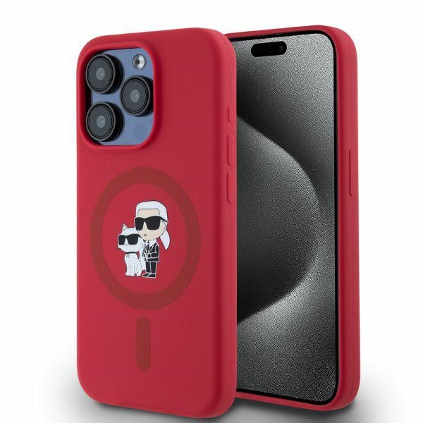Karl Lagerfeld silikoninis Karl&Choupette galvų žiedas Magnetinis dėklas iPhone 15 Pro - Raudonas