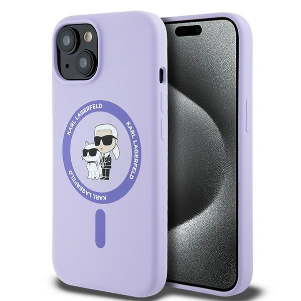Karl Lagerfeld silikoninis Karl&Choupette galvų žiedas Magnetinis iPhone 15 dėklas - Violetinis