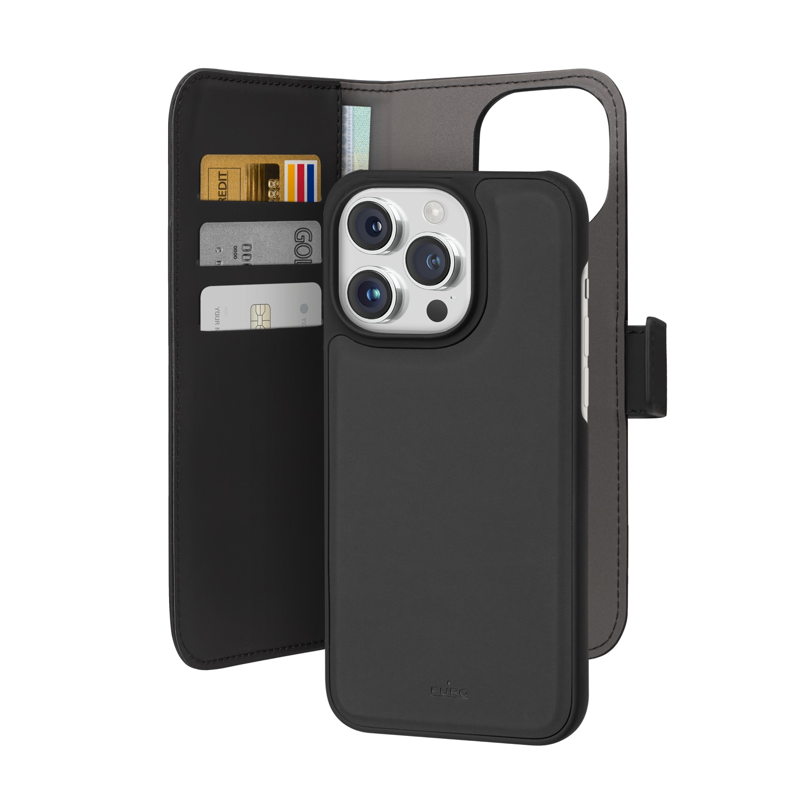 Puro Wallet nuimamas magnetinis 2in1 PU odos dėklas su atvartu ir pinigine iPhone 15 Pro Max - juodas