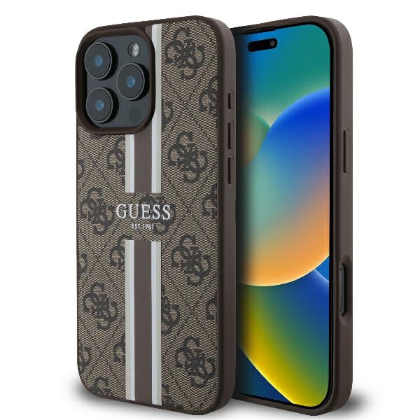 Guess 4G Spausdintos Juostos Magnetinis dėklas telefonui iPhone 16 Pro - rudas