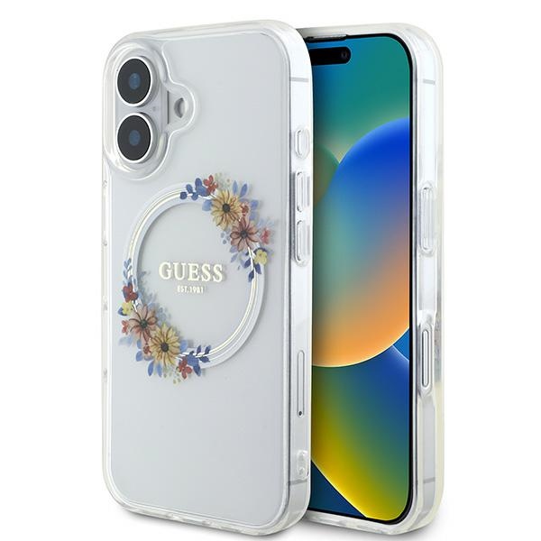 Guess IML Gėlių Vainikas Magnetinis dėklas telefonui iPhone 16 - skaidrus