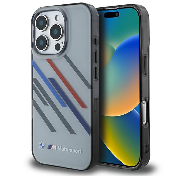 BMW Motosport IML atsitiktinės juostos iPhone 16 Pro dėklas - pilkas