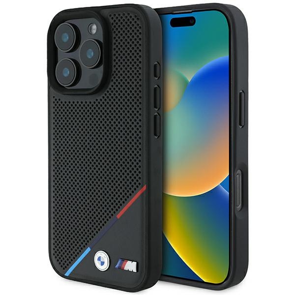 BMW M perforuota trispalvė linija Magnetinis dėklas iPhone 16 Pro - juodas