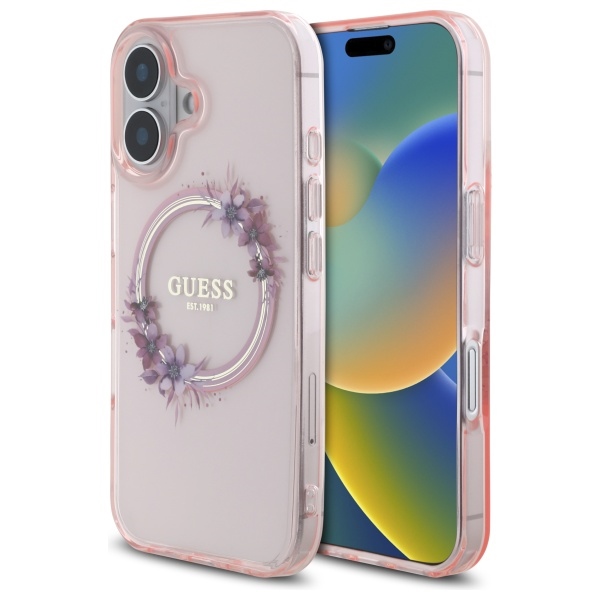 Guess IML Gėlių Vainikas Magnetinis dėklas iPhone 16 - rožinė