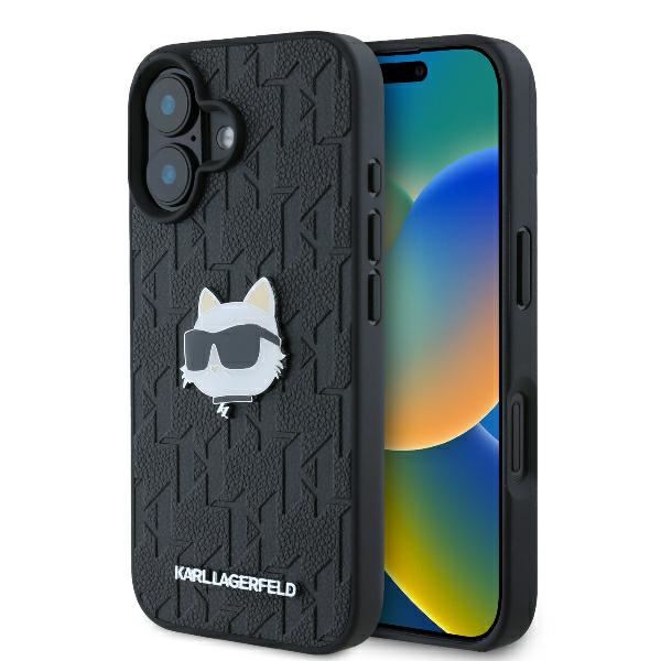 Karl Lagerfeld Monograma Choupette Galva Smeigtukas iPhone 16 Dėklas - Juodas