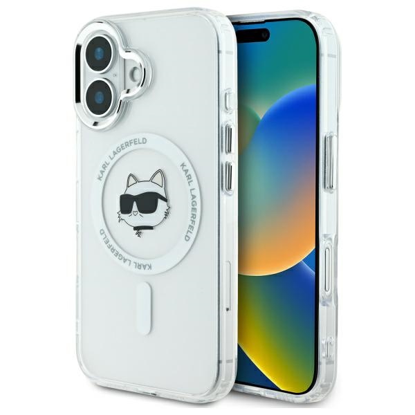 Karl Lagerfeld IML Metal Choupette Head magnetinis dėklas telefonui iPhone 16 Plus - baltas