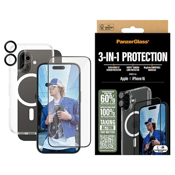 PanzerGlass Rinkinys 3in1 iPhone 16 6.1 D3O kietasis dėklas + Apsauginis stiklas UWF+ Objektyvo apsauga B1291+2861+1283