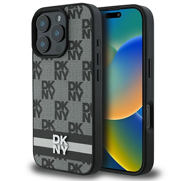 DKNY Dėklas telefonui iPhone 16 Pro su patikrintu raštu ir spausdintomis juostelėmis - juodas