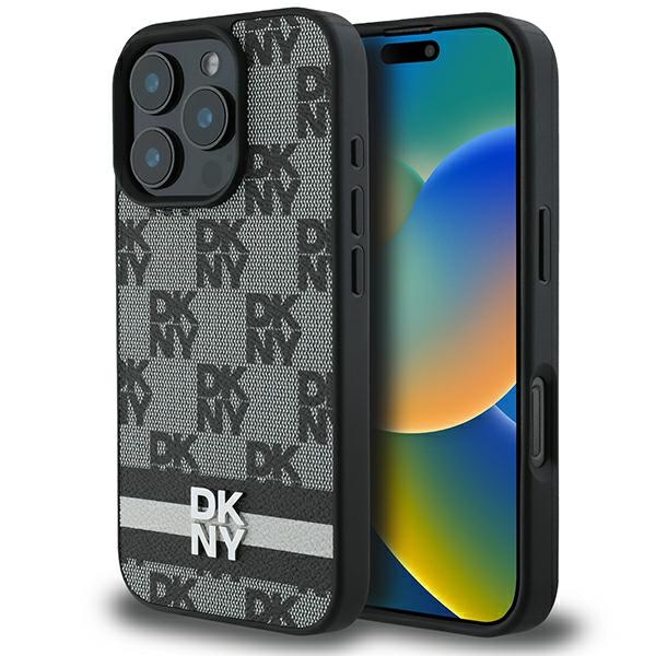 DKNY patikrinto rašto ir spausdintų dryžių dėklas telefonui iPhone 16 Pro Max - juodas