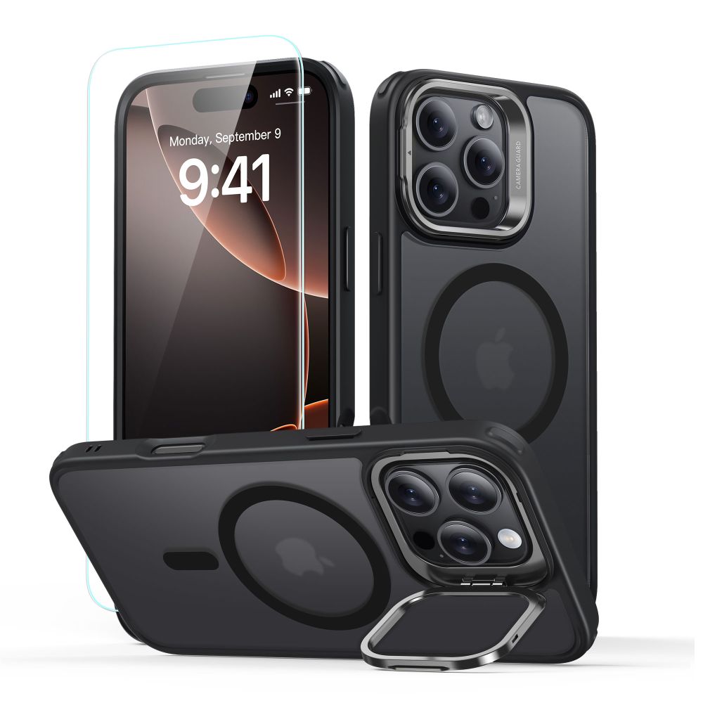 ESR Classic Hybrid Kickstand Halolock Magnetinis dėklas telefonui su stovu + grūdintas stiklas iPhone 16 Pro Max - pusiau skaidrus su juodu rėmeliu
