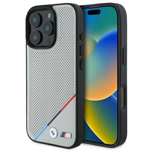 BMW M perforuotas trispalvės linijos magnetinis dėklas telefonui iPhone 16 Pro Max - pilkas