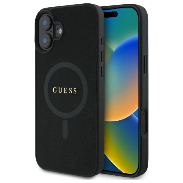 Guess Saffiano Classic Logo Magnetinis dėklas iPhone 16 - juodas