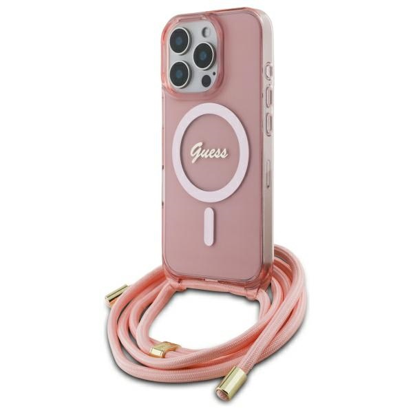 Guess Crossbody Cord Script Magnetinis dėklas iPhone 16 Pro Max - rožinis