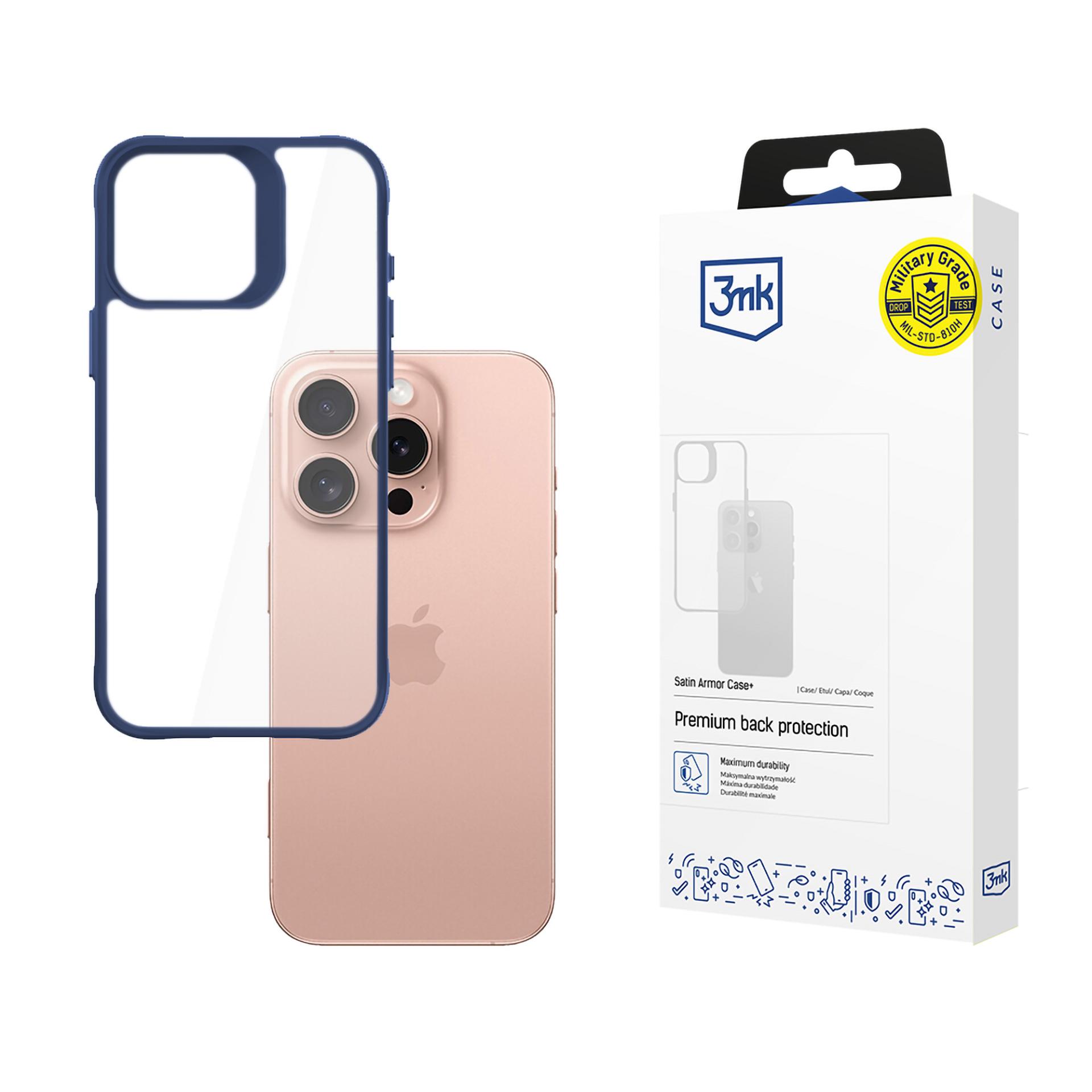 3mk Satin Armor dėklas telefonui+ Mėlynas Apple iPhone 16 Pro - skaidrus