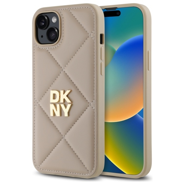 DKNY Quilted Stack Logo dėklas telefonui iPhone 15 Plus - smėlio spalvos