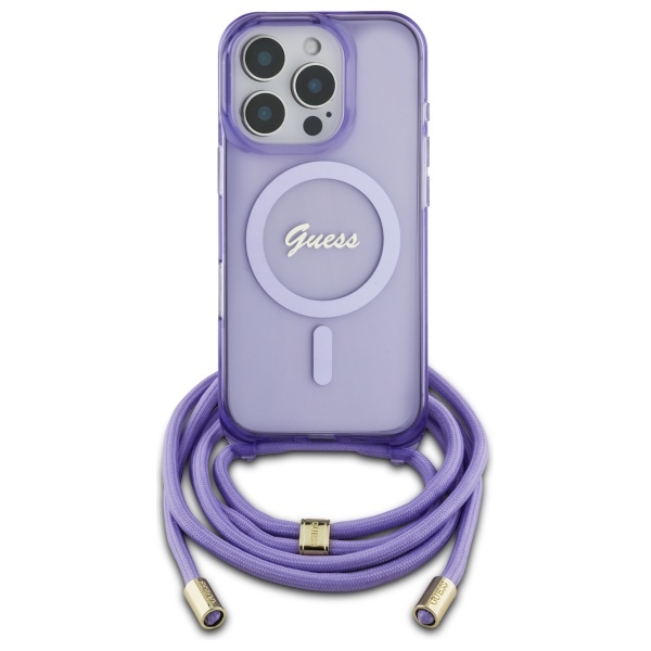 Guess Kryžminis Laidas Užrašas Magnetinis dėklas iPhone 16 Pro - violetinis