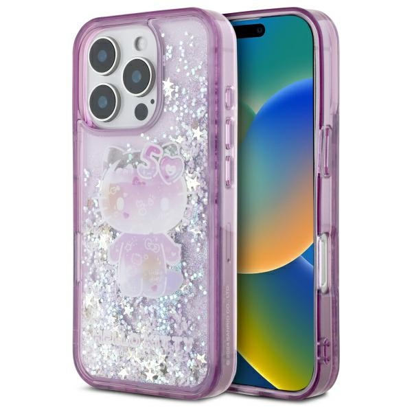 Hello Kitty Liquid Glitter 50 metų jubiliejaus vakarėlio dėklas telefonui iPhone 16 Pro - violetinis
