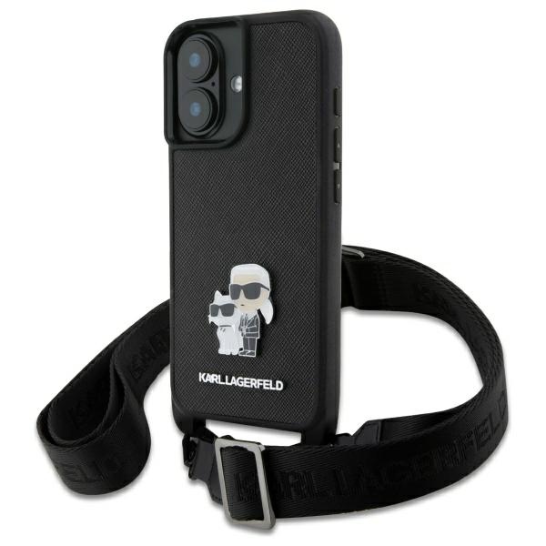 Karl Lagerfeld Saffiano Karl&Choupette Metal Pin CBDY dirželis iPhone 16 dėklas – juodas