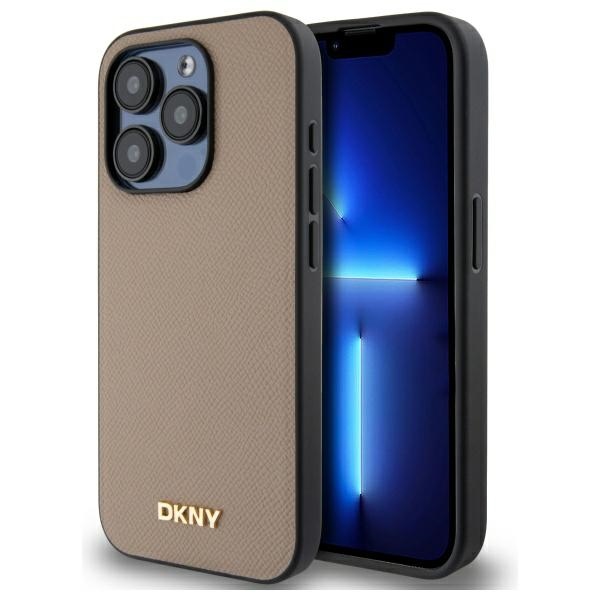 DKNY Grained Metal Logo Magnetinis iPhone 15 Pro dėklas - smėlio spalvos