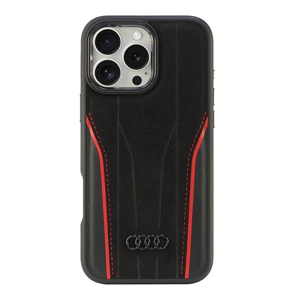 Audi Tikros odos Magnetinis dėklas telefonui iPhone 16 Pro Max 6.9" juodas-raudonas kietas dėklas AU-TPUPCMIP16PM-R8/D3-RD