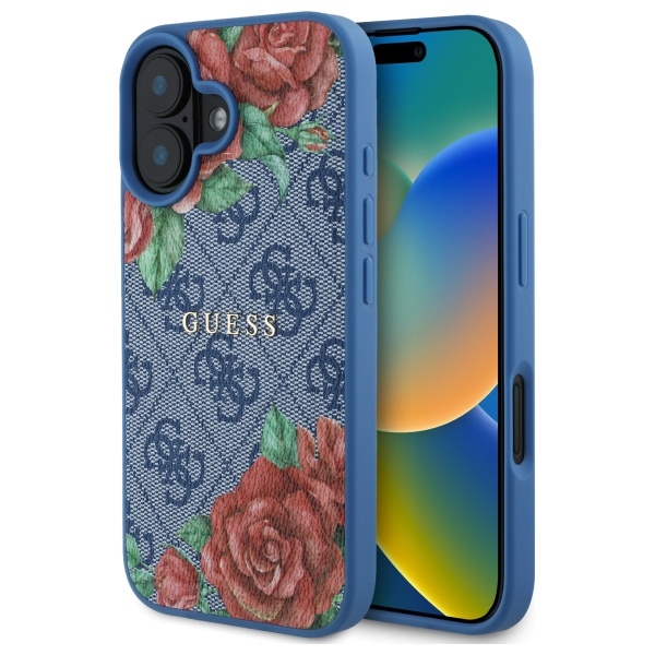 Guess GUHMP16SP4ROPEMCB iPhone 16 6.1" mėlynas/mėlynas kietas dėklas 4G Gėlių Raštas Magnetinis