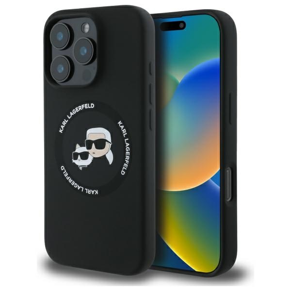 Karl Lagerfeld KLHMP16XSKCHTCK iPhone 16 Pro Max 6.9" kietasis silikoninis dėklas telefonui su Karl & Choupette spauda ir Magnetine MagSafe funkcija, juodas