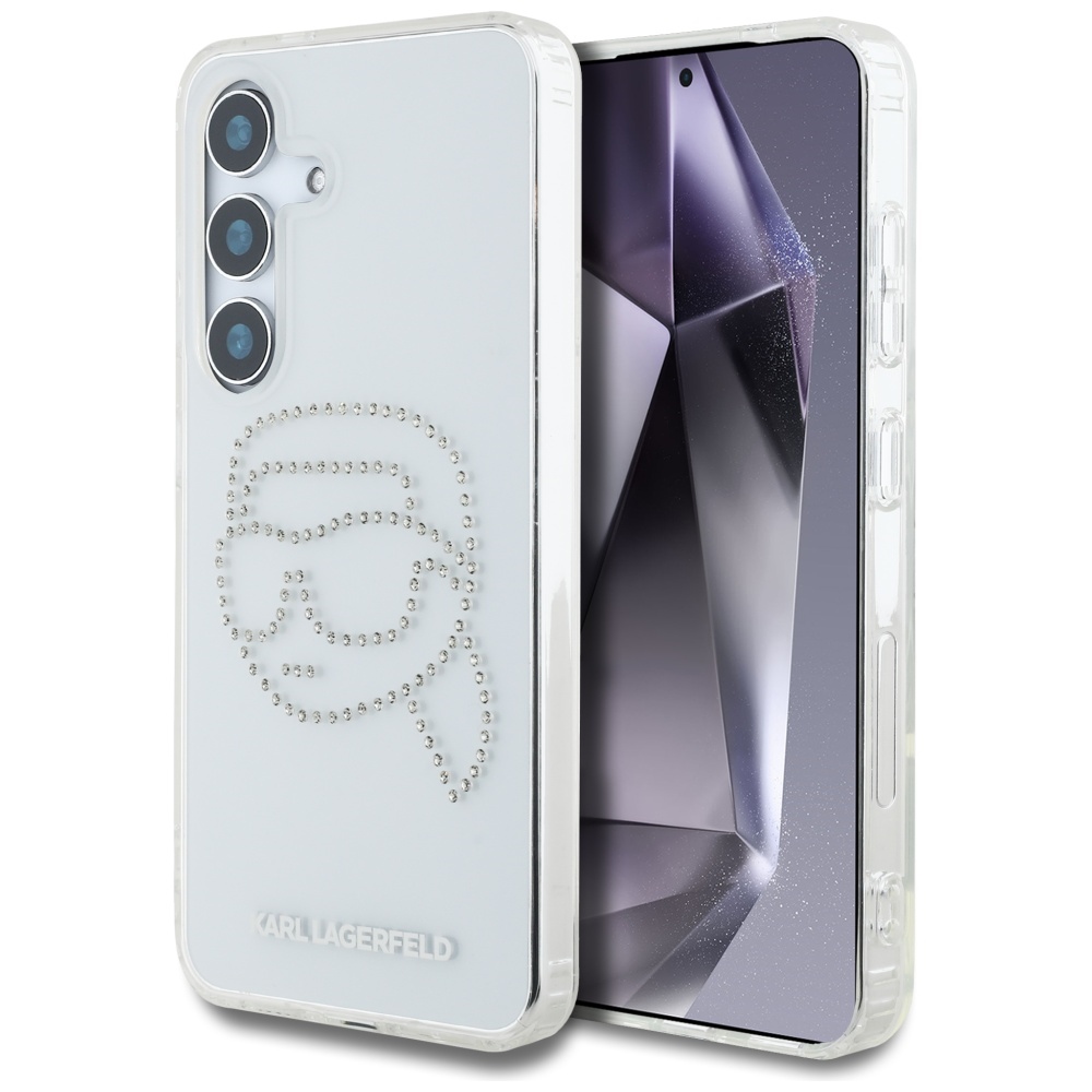 Karl Lagerfeld dėklas telefonui su kalnų krištolais Karl Head logotipu Samsung Galaxy S25 skaidrus