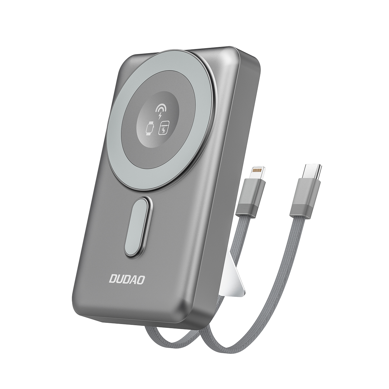 Dudao K29 10000mAh PD 20W Magnetinė išorinė baterija su metaliniu dėklu, stovu ir įmontuotais USB-C/Lightning kabeliais - pilka