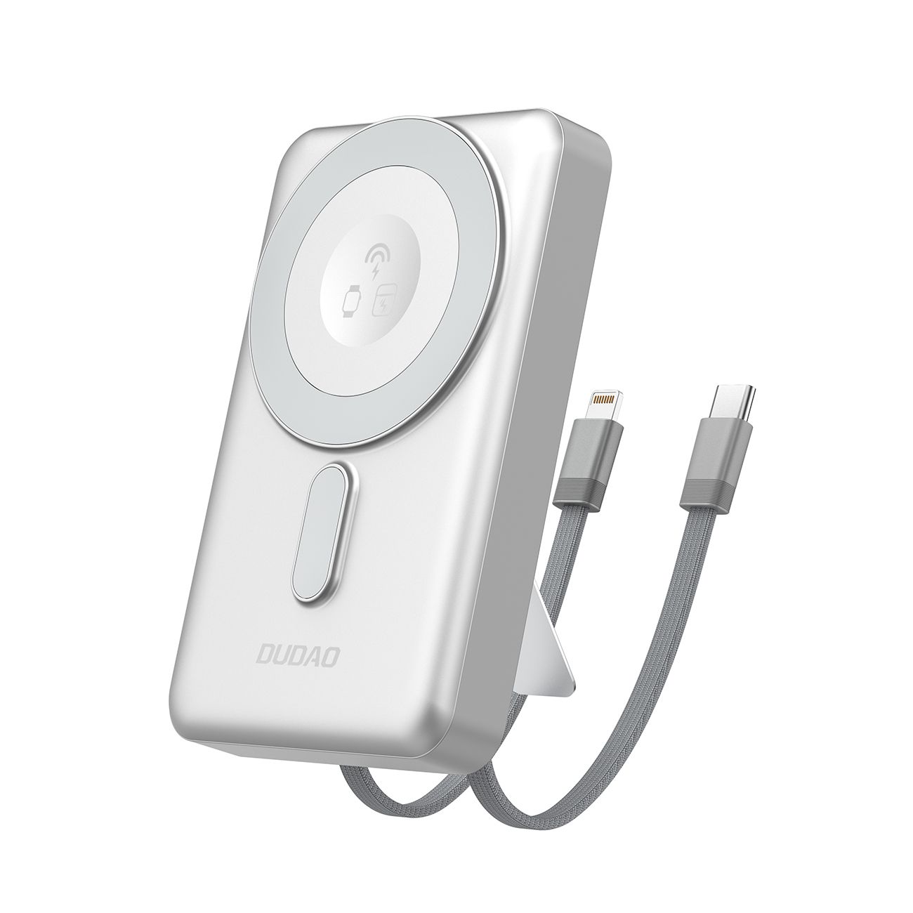 Dudao K29 10000mAh PD 20W Magnetinė išorinė baterija su metaliniu dėklu, stovu ir įmontuotais USB-C/Lightning kabeliais - sidabrinė
