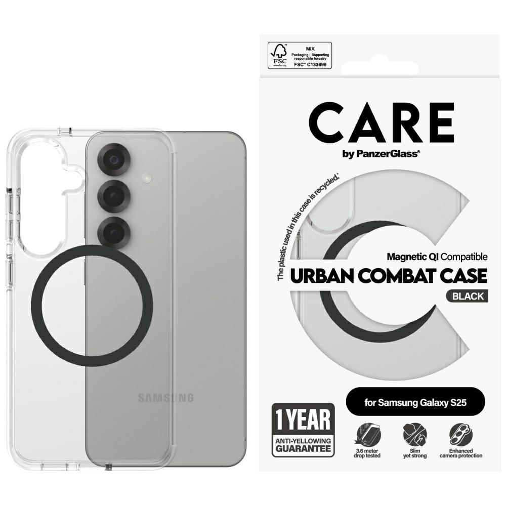 CARE by PanzerGlass Flagship Urban Combat juodas QI dėklas Samsung Galaxy S25 - permatomas