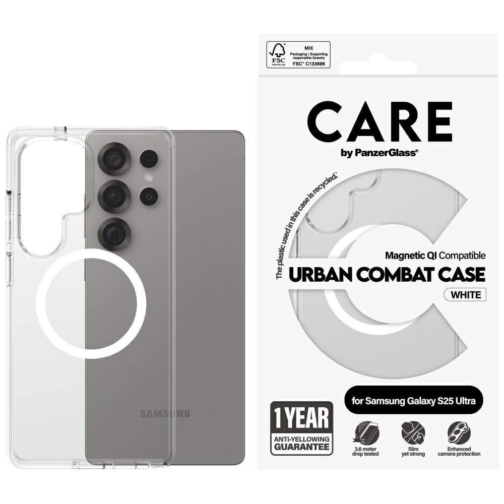 CARE by PanzerGlass Flagship Urban Combat White QI dėklas telefonui Samsung Galaxy S25 Ultra - permatomas