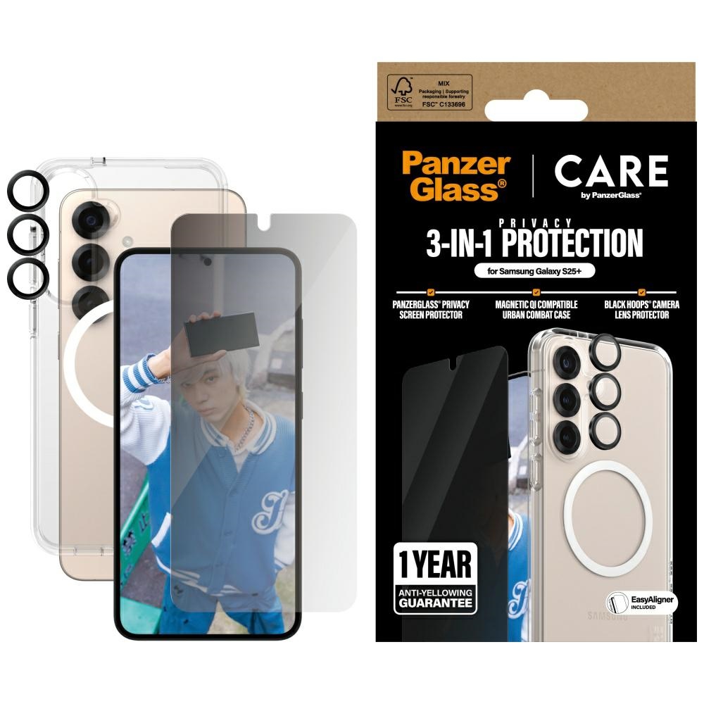 CARE by PanzerGlass Flagship 3in1 dėklas + privatumo stiklas + lęšis Samsung Galaxy S25+