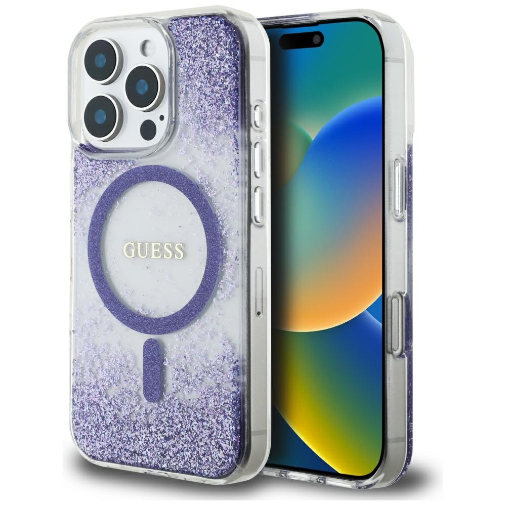 Guess HC dervos dugno blizgus magnetinis dėklas iPhone 16 Pro Max - violetinis