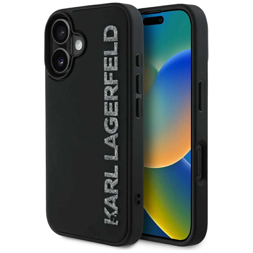 Karl Lagerfeld HC 3D guminis pailgintas blizgus iPhone 16 dėklas - juodas