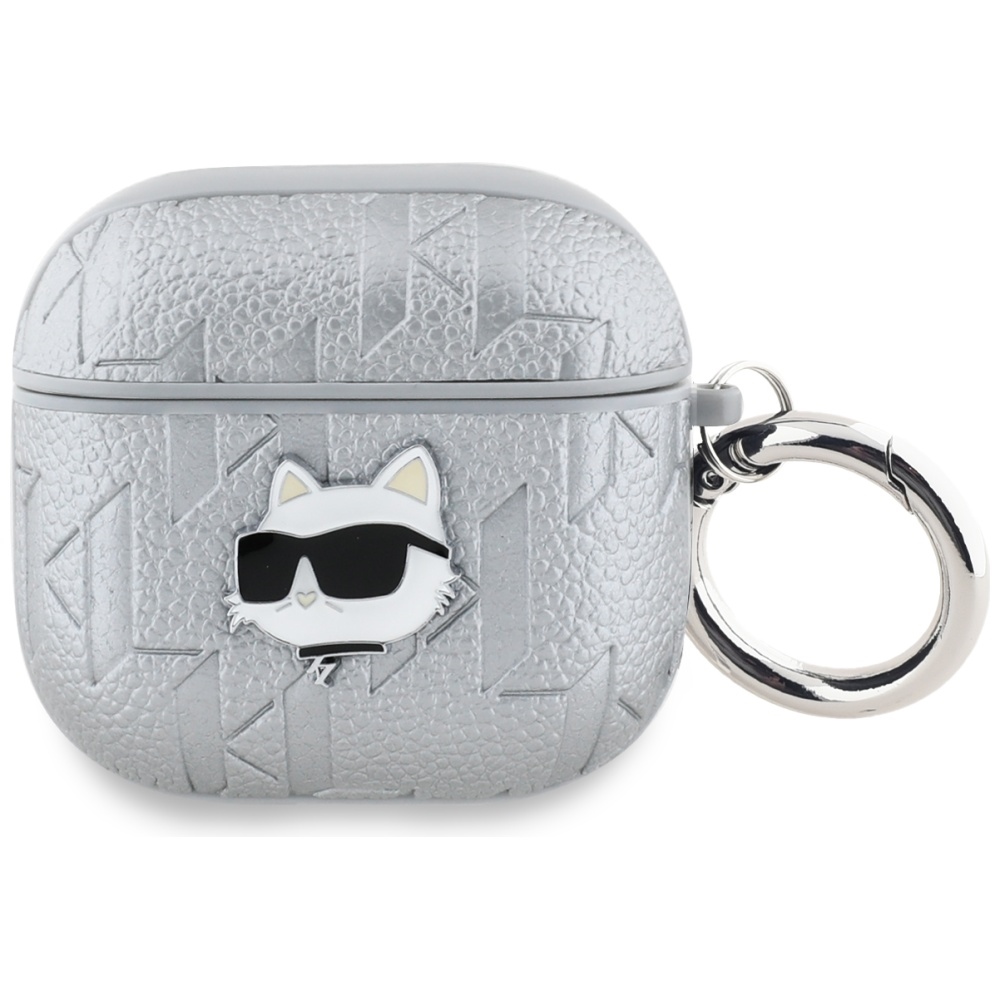 Dėklas ausinėms AirPods 4 Karl Lagerfeld Monogram Choupette Head – sidabrinis