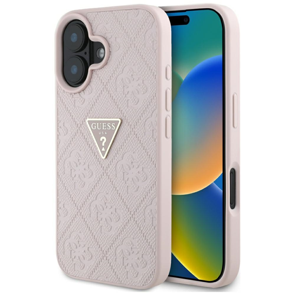 Guess Hot Stamp 4G Pattern Triangle Metal Logo iPhone 16 dėklas - rožinė