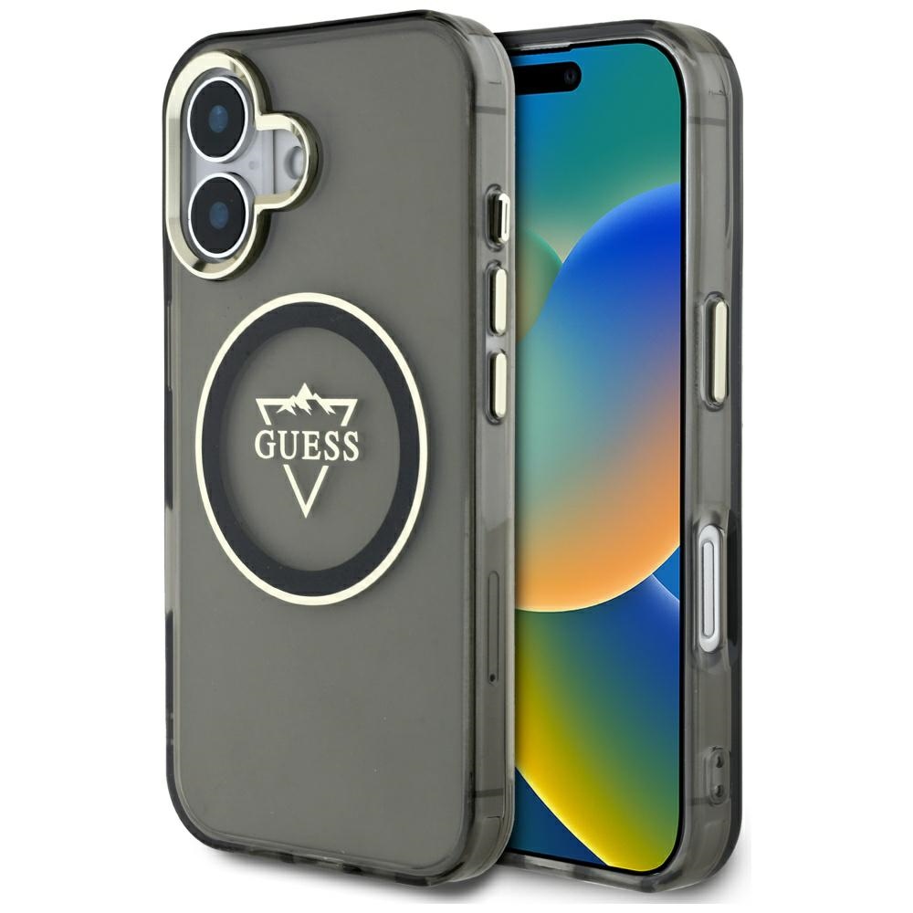 Guess IML Metal Mountain Logo Magnetinis dėklas iPhone 16 - juodas