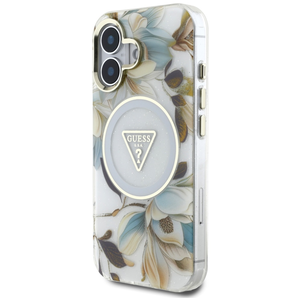 Guess Glitter Flowers Triangle Buttons Magnetinis dėklas telefonui iPhone 16 - baltas