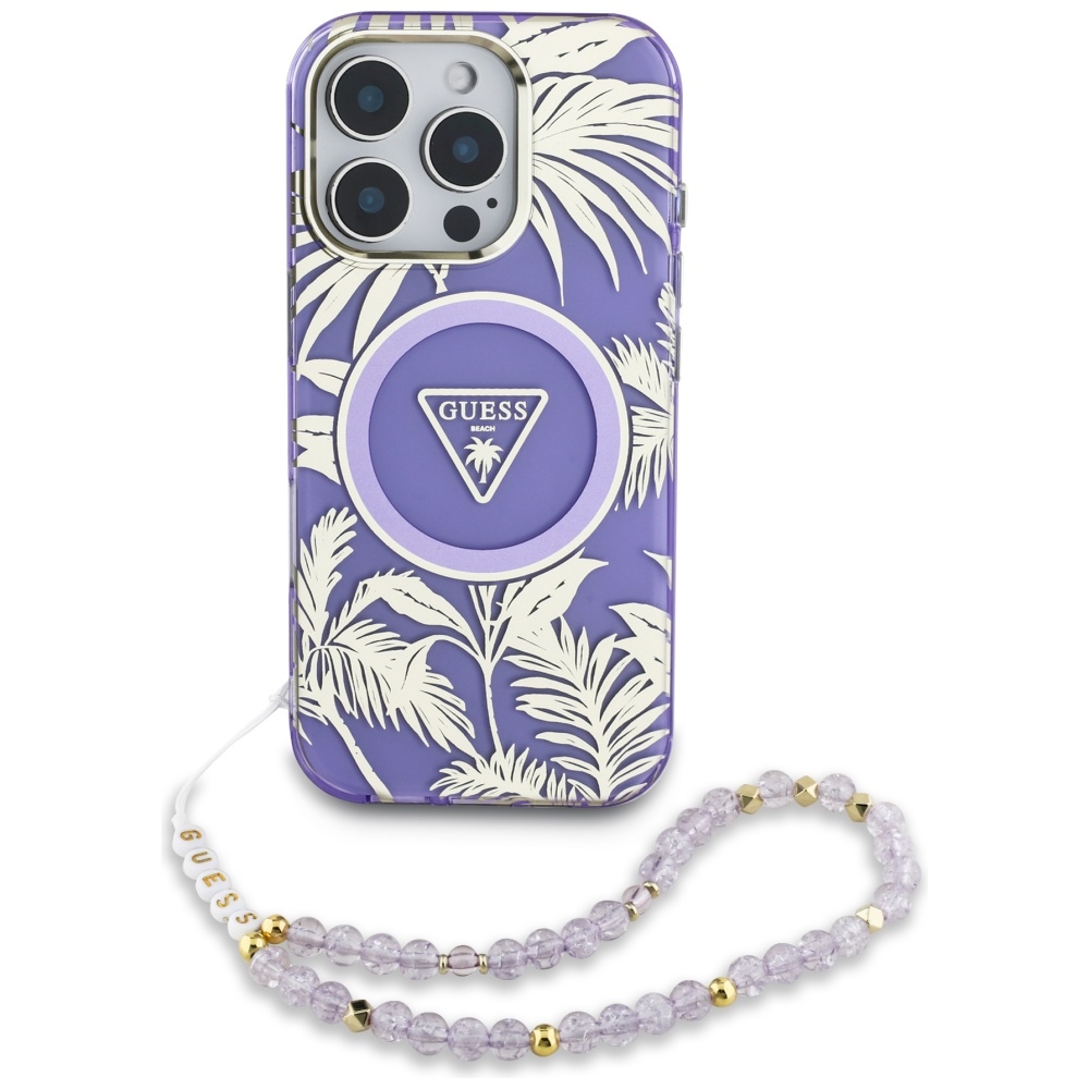 Guess Palm Trees Triangle Pearl Strap Magnetinis dėklas telefonui iPhone 16 Pro Max violetinis