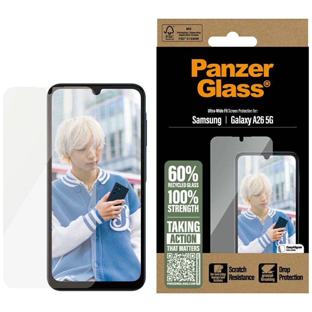 PanzerGlass itin plačios aprėpties grūdintas stiklas Samsung Galaxy A26 5G telefonui – skaidrus