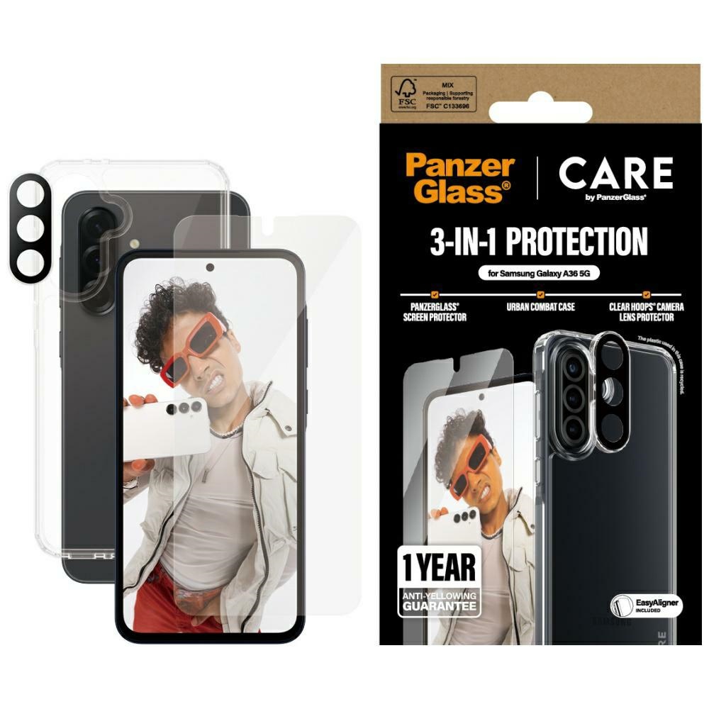 CARE by PanzerGlass Flagship 3in1 dėklas, stiklas ir objektyvo apsauga Samsung Galaxy A36 5G - skaidrus