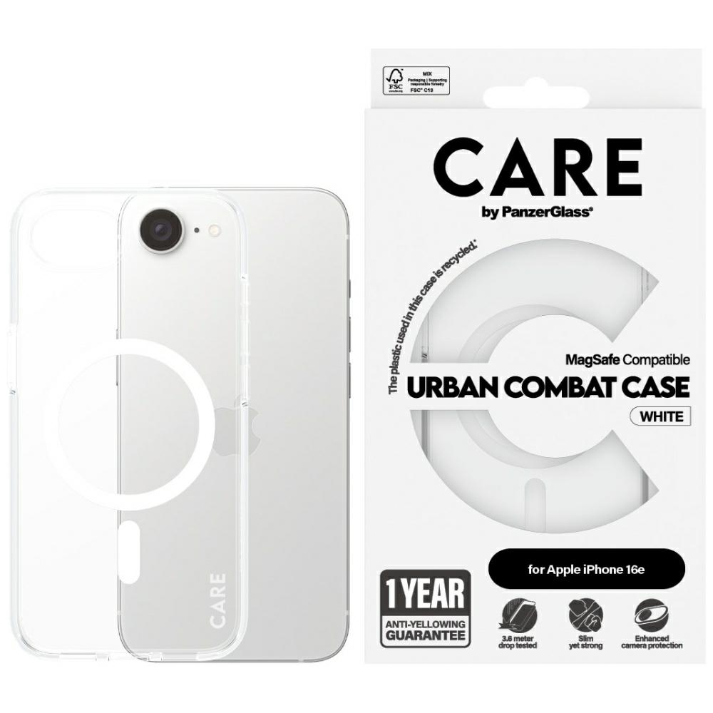 CARE by PanzerGlass Flagmanas Urban Combat Balta Magnetinis iPhone 16e dėklas - skaidrus