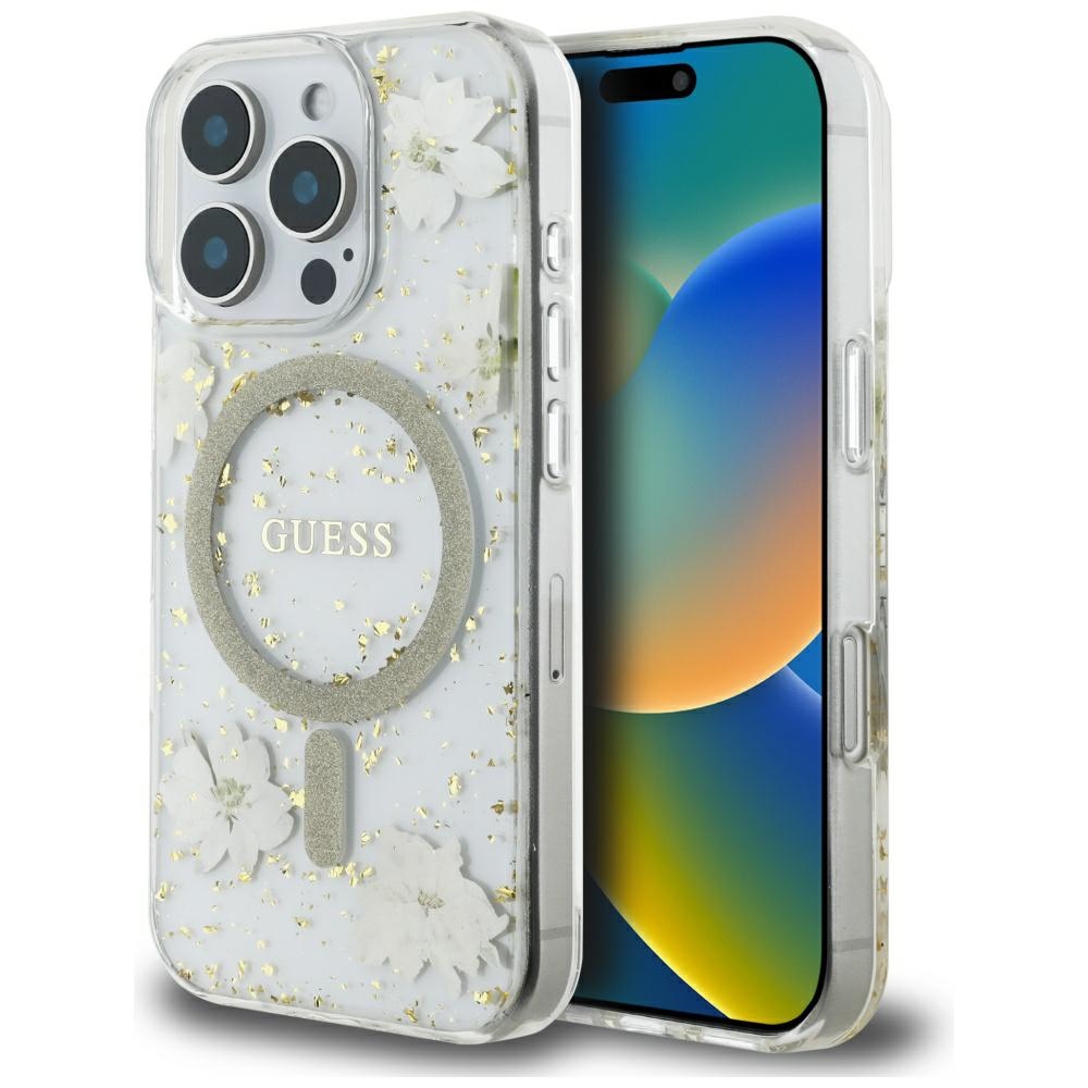 Guess Dėklas telefonui su derva gėlėmis ir blizgučiais Magnetinis iPhone 16 Pro - smėlinis