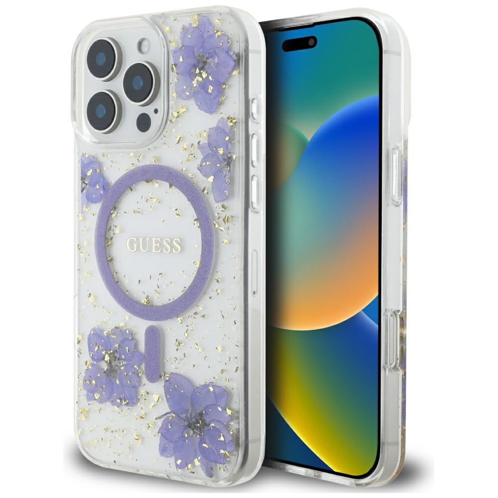 Guess dervos gėlės Magnetinis dėklas telefonui iPhone 16 Pro Max - violetinė