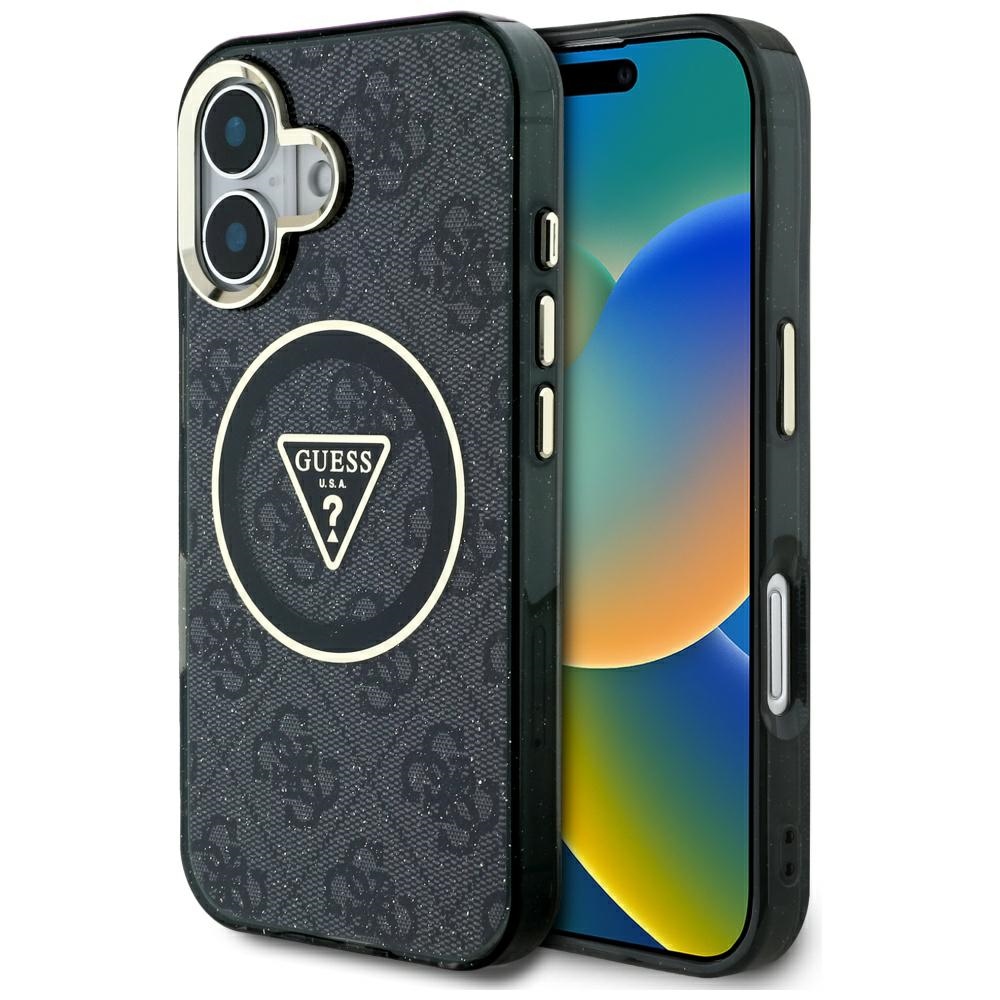 Guess IML Metal Glitter 4G Circle Triangle Magnetinis dėklas telefonui iPhone 16 - juodas