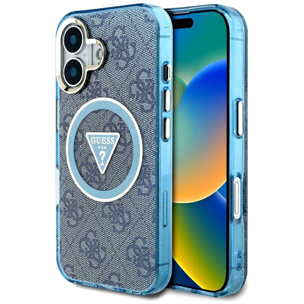 Guess IML Metal Glitter 4G Circle Triangle Magnetinis dėklas telefonui iPhone 16 - mėlynas