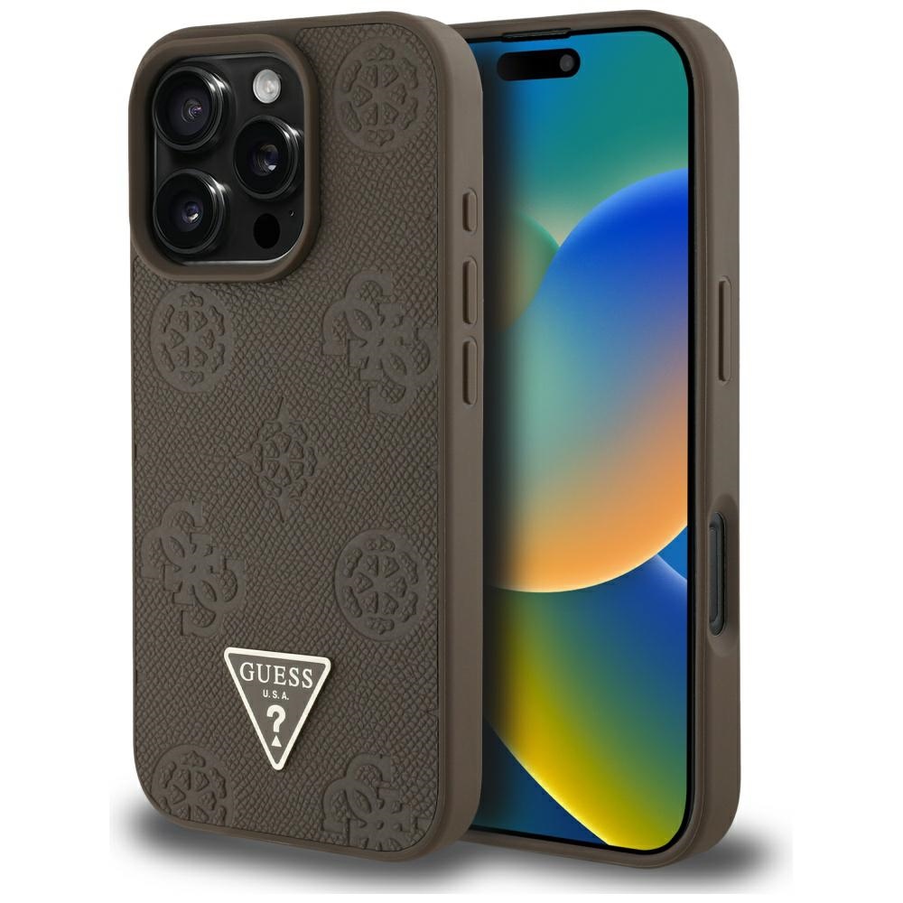 Guess Grained Hot Stamp Peony trikampio logotipo magnetinis dėklas telefonui iPhone 16 Pro - rudas
