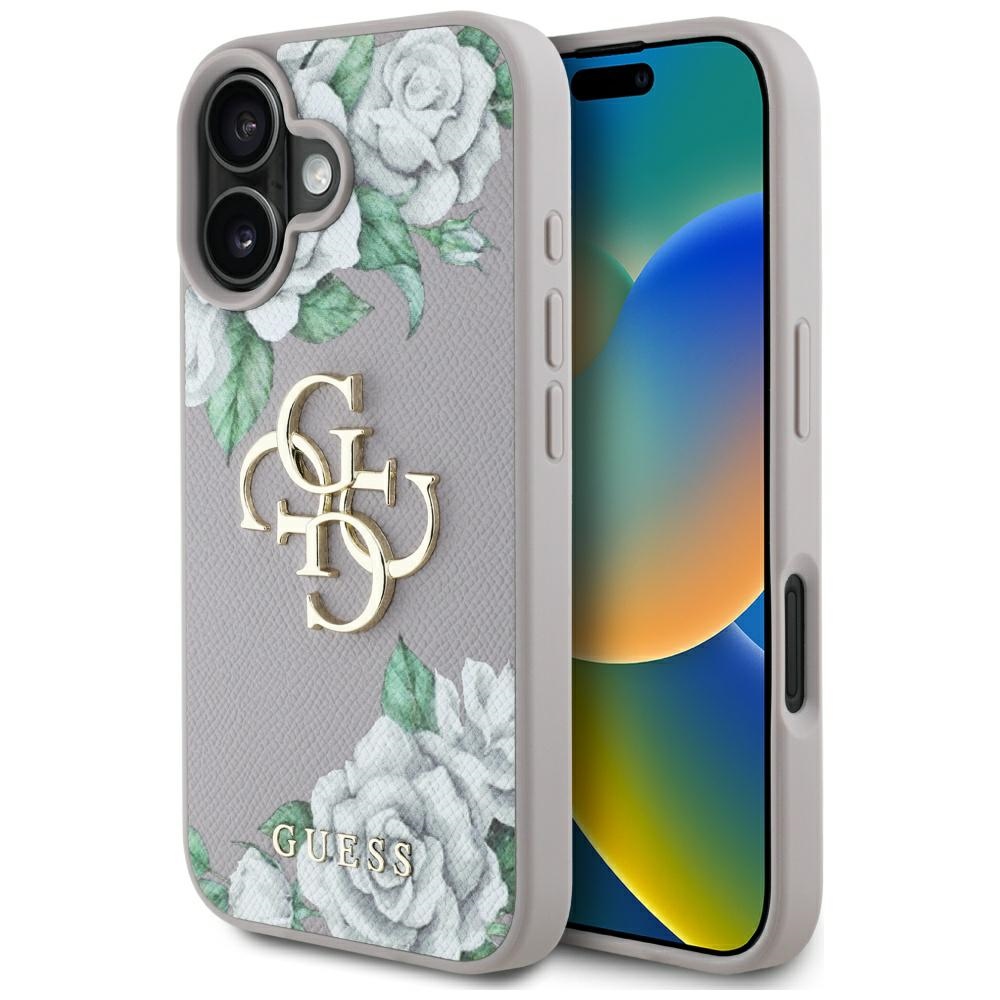Guess Grained Roses Big 4G Logo dėklas telefonui iPhone 16 - violetinis