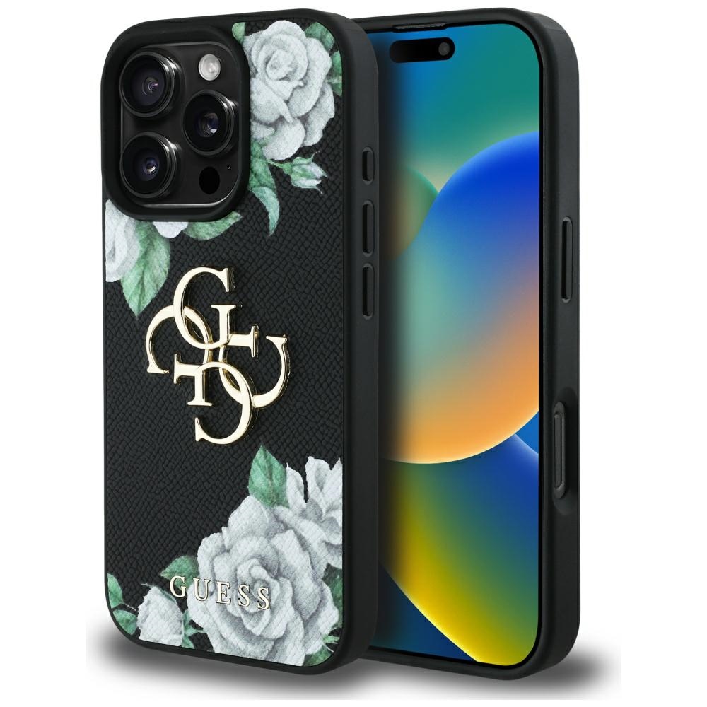 Guess Grained Roses Big 4G logo dėklas telefonui iPhone 16 Pro Max - juodas