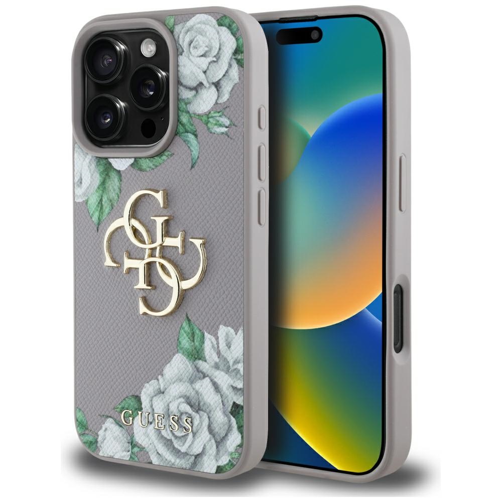 Guess Grained Roses Big 4G Logo dėklas telefonui iPhone 16 Pro Max - violetinis